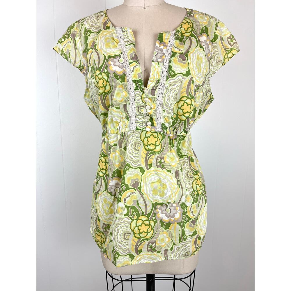 Vintage Y2K Green Floral Empire Waist Top Blouse Large Fairy Cyber Colorful‎